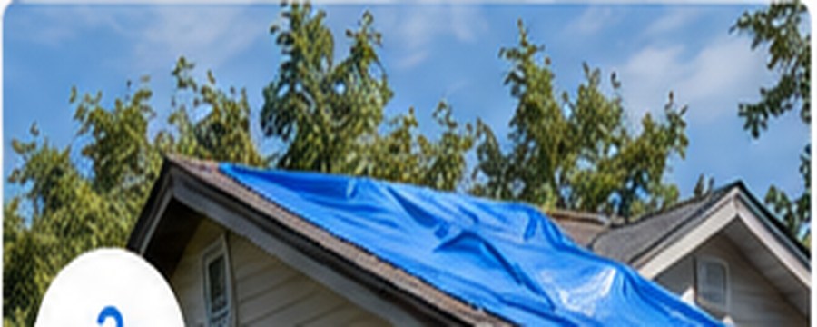 Storm-damaged roof with tarp